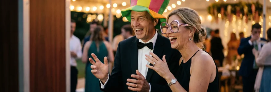 Invités riant devant un photobooth lors d'une réception de mariage en région PACA