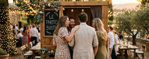 Groupe d'invités vus de dos utilisant une borne photo lors d'une réception en extérieur, guirlandes lumineuses scintillant en arrière-plan flou