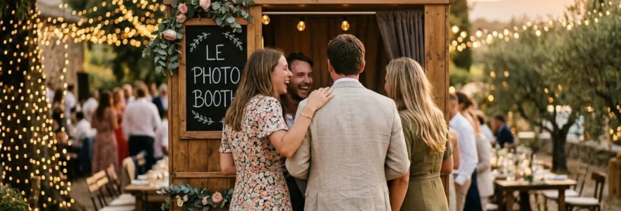 Groupe d'invités vus de dos utilisant une borne photo lors d'une réception en extérieur, guirlandes lumineuses scintillant en arrière-plan flou