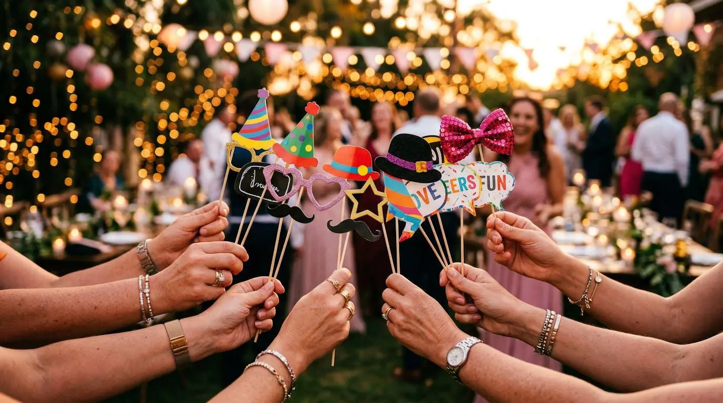 Mains féminines tenant des accessoires de photobooth colorés incluant chapeaux et lunettes fantaisie, arrière-plan festif flouté