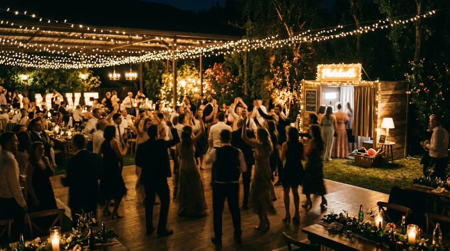 Vue atmosphérique d'une piste de danse avec silhouettes dansantes floues, borne photo visible en arrière-plan illuminé par des guirlandes