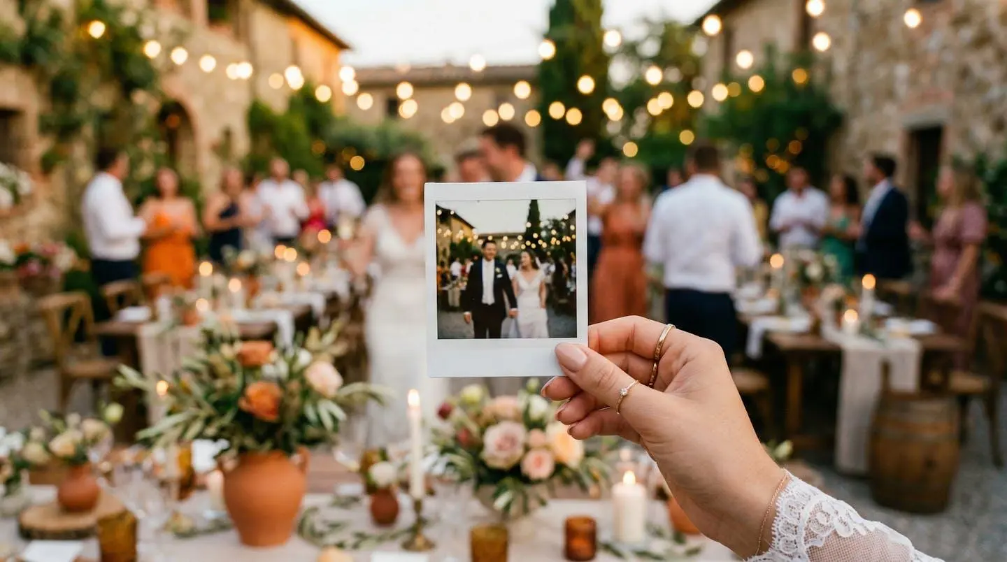 Mains féminines tenant délicatement un tirage photo instantané, décor de réception de mariage élégamment flouté en arrière-plan