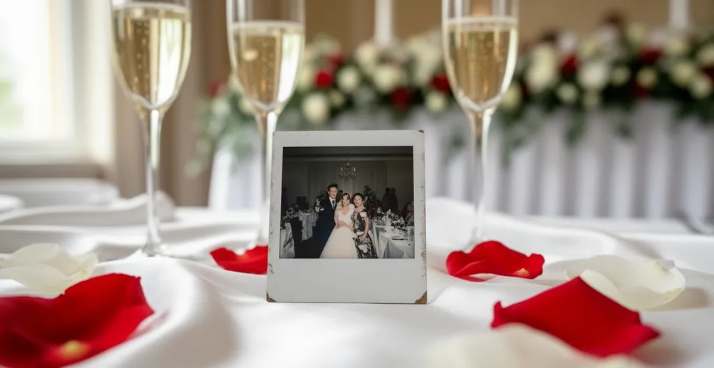 Tirage instantané photobooth posé sur table décorée lors d'un mariage